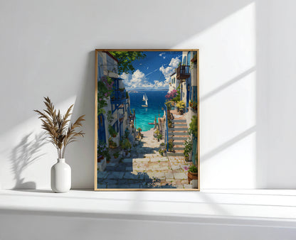 European Coastal Village Painting